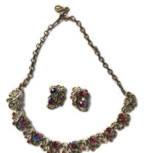 Vintage CORO Necklace Earrings Set Red Iridescent